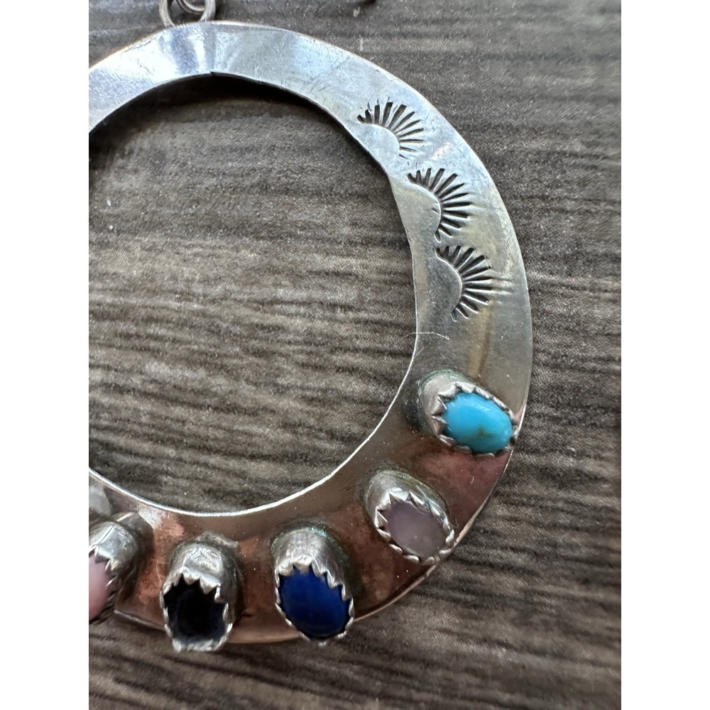 Navajo Sterling Silver Multi Stone Large Hoop Earrings Signed AJ - Picture 7 of 16